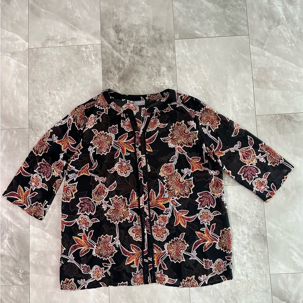 Liz Claiborne Signature Blouse Size XL Floral Sheer Tunic 3/4 Sleeve Boho Summer